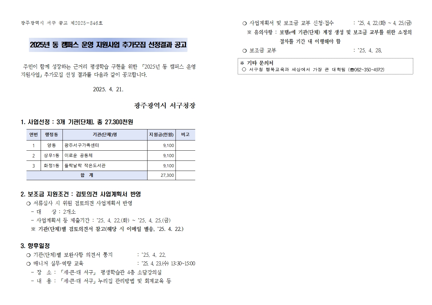 2025년 「동 캠퍼스 운영 지원사업」 추가모집 선정결과 공고